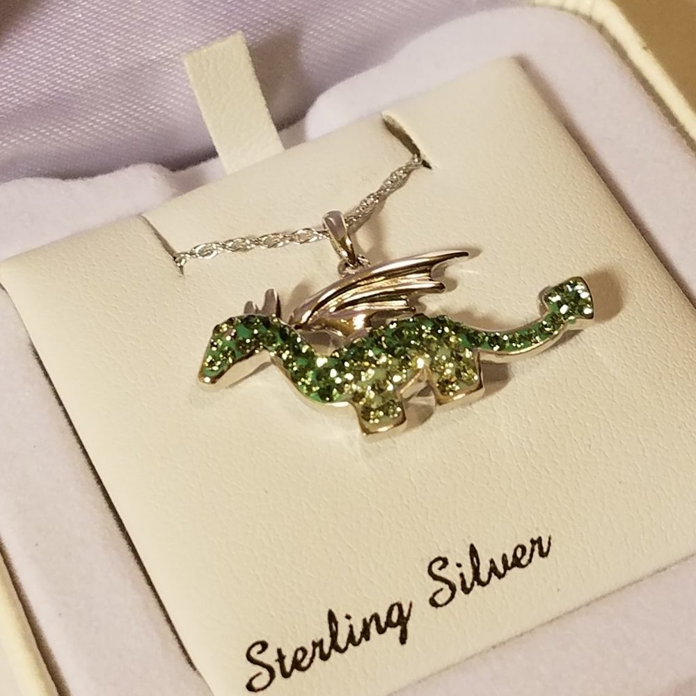 Silver Swarovski Green Crystal Dragon Necklace
